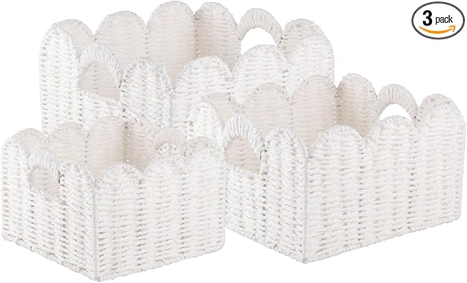 OIAHOMY Scalloped Wicker Baskets, Hand-woven Storage Baskets with Built-in Handles, Paper Rope Shelf Baskets for Organizing and Decoration, Set of 3-White by MasterofSpaceOptimization