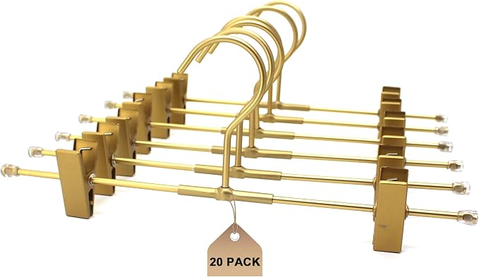 Shorts Hangers 20 Pack Jeans Hangers for Closet 11.8" Gold Aluminium Hangers with 2 Adjustable Clips Pants Hanger Shirt Slim Hangers for Men Women Metal Hangers by Koobay