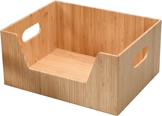 MobileVision Bamboo Storage Box with Open Front Stackable Bin Organizer to use in closets, bedrooms, kitchens, home & office, 14 x 11 x 6.5 inches by MobileVision