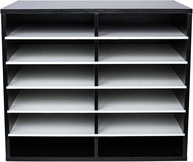 EasyPAG 12 Compartments Wooden Literature Organizer with Adjustable Shelves, 6000 Sheets Capacity Paper Organizer, Classroom Mailbox and Mail Sorter for Teachers and Office, Black/White - Image 2