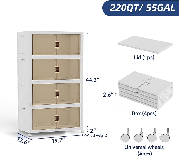 SAILUN 190QT/47Gal Stackable Storage Bins with a Lid, Collapsible Storage Bins With Doors, Folding Cabinet for Home Closet Organization,4 Pack-19.7" W x 12.6" D x 44.3" H White - Image 2