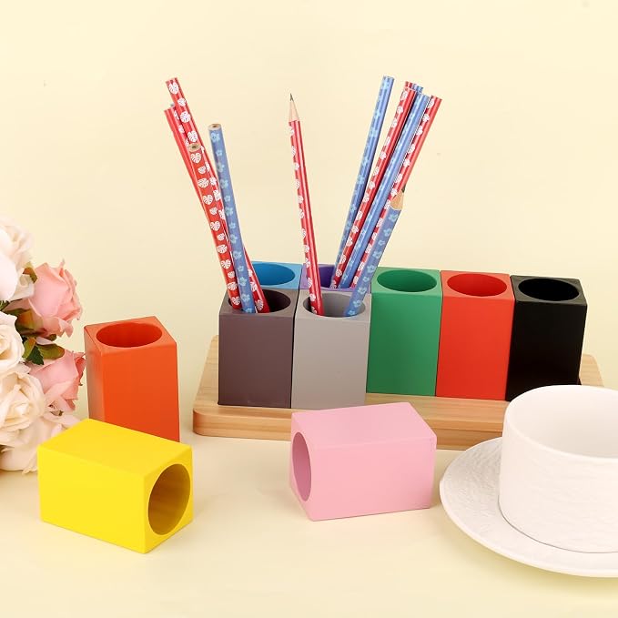 Wooden Colored Pencil Organizer, Desk Organizer (Pencils Not Included) | with 10 Colorful Cups for Home Office School Classroom Markers Crayons Pens Holder Storage - Image 3