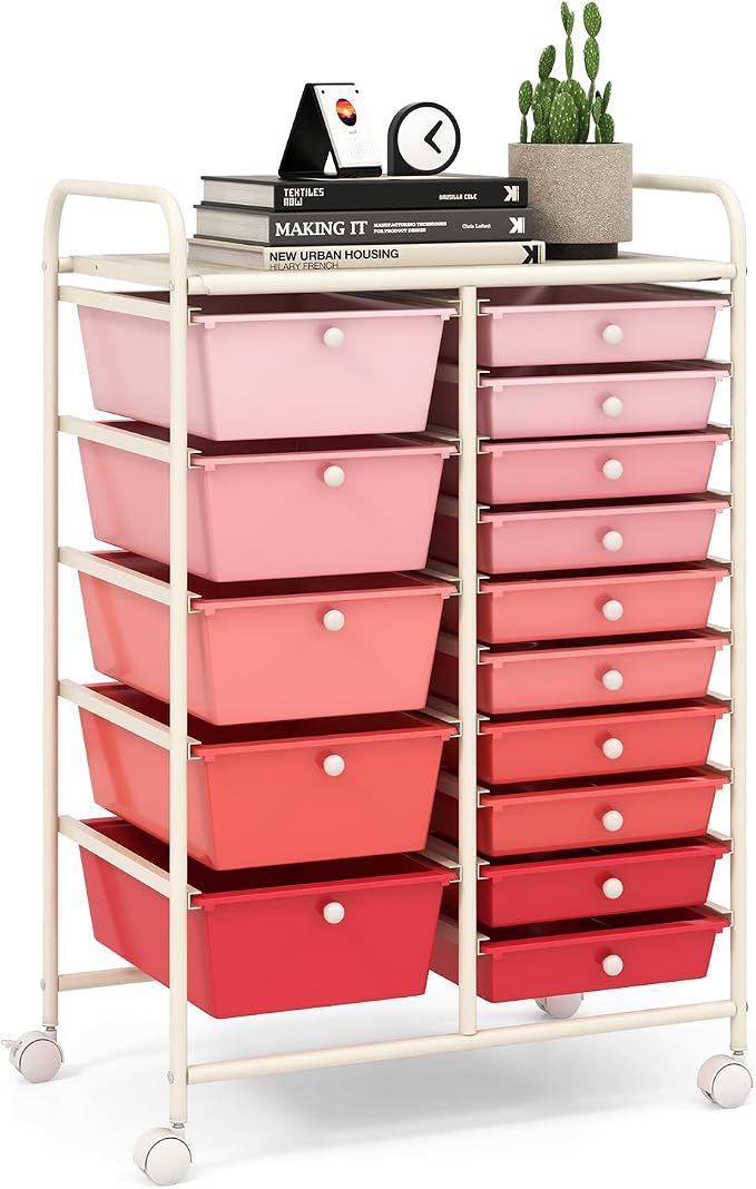 15 Drawer Rolling Storage Cart, Rolling Cart with Drawers for Classroom, Art Supply Craft Organizer on Wheel with Metal Frame & Handles for Home Office School by LDAILY