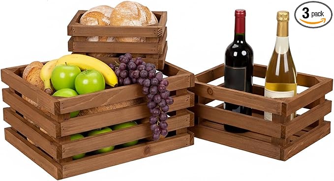 Set of 3 Nesting Wooden Storage Crates - Rustic Wooden Storage Crates for Display Brown Wood Container Boxes Wood Baskets for Farmhouse Flower Stand Display Rack for Shops or Exhibitions Home Decor by Oairse