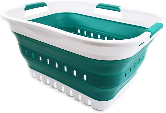 SAMMART Set of 2-30L (8 gallon) Collapsible Plastic Laundry Basket - Foldable Pop Up Storage Container/Organizer - Space Saving Hamper/Basket (2, White/Dark Green) - Image 5