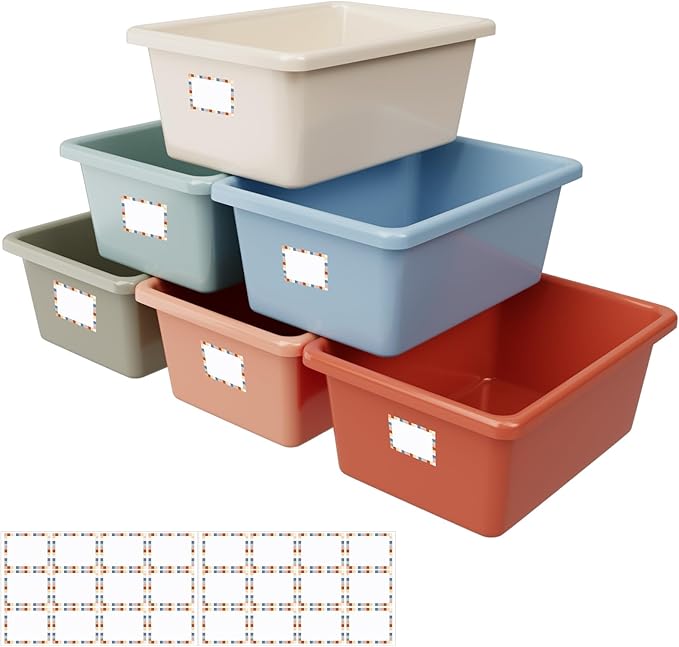 Huwena 6 Pcs Plastic Cubby Bins for Classroom, 11.6x7.7x5 in, with Labels | Stackable Book Bins with Handles, Organize Books, Art Supplies, Toys and Daily Items for Classroom, Office and Home Use by Huwena