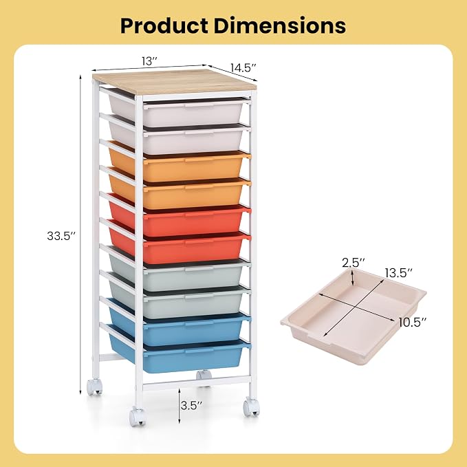 Rolling Storage Cart with 10 Drawers, Plastic Craft Organizer on Wheels with Wooden Top, Mobile Art Supply Utility Cart for Classroom, Home, Office - Image 3