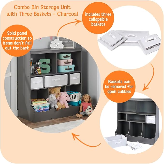 Badger Basket Combo Bin Toy Storage Unit and Book Shelf for Kids with 3 Baskets - Charcoal | Kids storage organizer with 3 removable baskets, open shelves, and top display surface for toys and books - Image 2