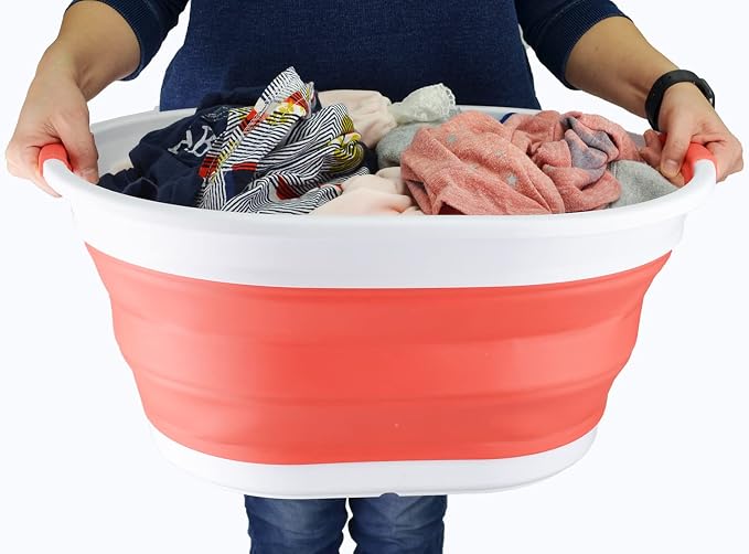 SAMMART 32L (8.4 gallon) Collapsible Plastic Laundry Basket - Foldable Pop Up Storage Container/Organizer - Portable Washing Tub - ater Capacity: 24L (1, White/Orange Red) - Image 7