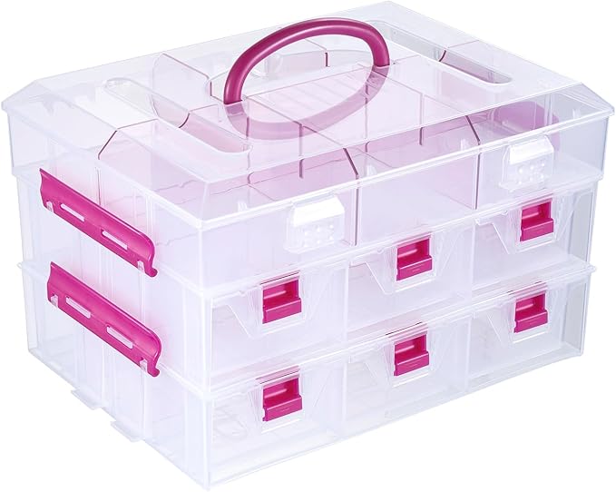 MyGift 11 Inch Clear Arts and Crafts Stackable Container, Sewing Supplies Storage Organizer Case with Pink Accents, 24 Customizable Compartments, and 6 Drawers with Removable Dividers by MyGiftHome