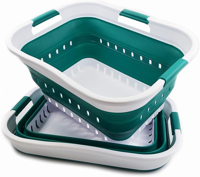 SAMMART Set of 2-30L (8 gallon) Collapsible Plastic Laundry Basket - Foldable Pop Up Storage Container/Organizer - Space Saving Hamper/Basket (2, White/Dark Green) by SAMMART