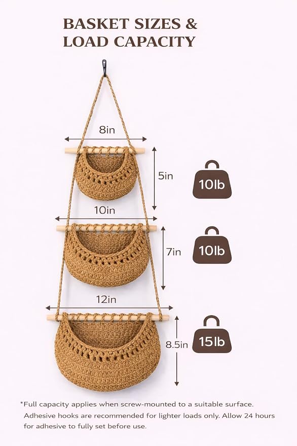 Hanging Wall Basket (3-Tier) Organizer – Cotton Rope Wall Storage for Bathroom, Kitchen & Nursery – Detachable Baskets + No-Drill Adhesive Hooks Included (Renter Friendly) - Image 3