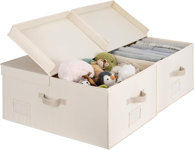 StorageWorks 55L Extra Large Fabric Storage Bins with Lid, Foldable Closet Organizer Boxes with Label and Handles, Decorative Storage Baskets for Clothing and Blankets, Cream White, 2-Pack by StorageWorks