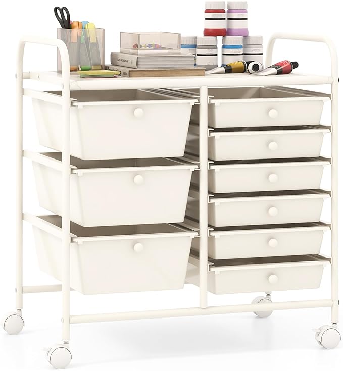 Giantex 9 Drawers Rolling Cart, Classroom Organizers, Storage Cart with Wheels, for Teacher Office Home School Supplies Tool Craft Art Paper, Ivory by Giantex