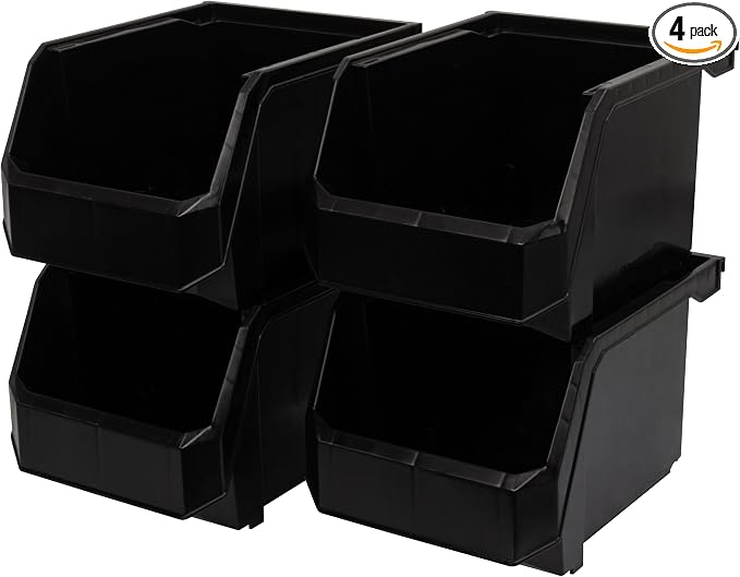 Medium-Tall Stackable Plastic Storage Bins, 4-Pack, Black | Open-Front Stackable Bins For Garage, Pantry, Closet & Office, 7"L X 11"W X 8"H, Nests When Empty, Durable Plastic by Akro-Mils