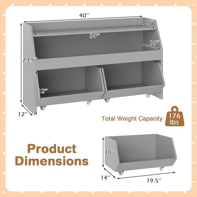 Costzon Toy Storage Organizer for Kids, Toy Cabinet w/ 2 Rolling Drawers, Lockable Wheels, Open Shelf & Anti-toppling Kit, Toddler Toy Shelf for Playroom, Kids’ Room, Nursery, Daycare (Grey) - Image 2