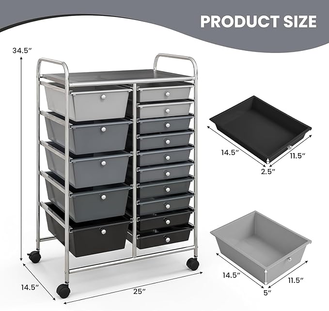 RELAX4LIFE 15-Drawer Storage Drawer Cart - Mobile Rolling Utility Cart with Wheels, Steel Frame, Craft Organizer for Classroom Organization and Storage, School, Office, Home, Gradient Black - Image 3