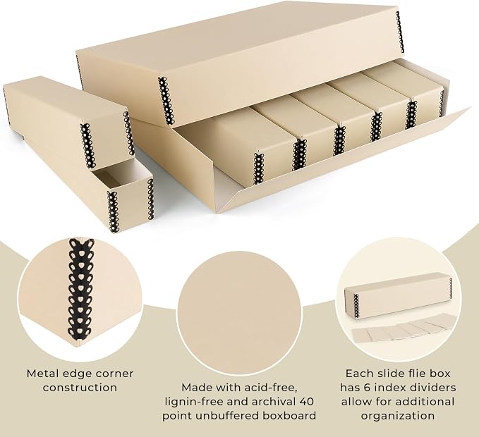 Golden State Art, Archival Slide Storage Box, Tan, 15.5"x11.5"x3" | Acid-Free Metal Edge Organizer With 6 Inner File Cases, Holds Up to 840 Films, For Storing Photos and Negatives - Image 3