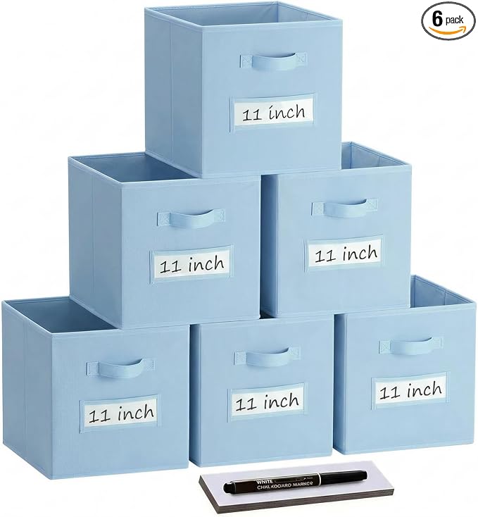 Storage Bins,11 Inch Cube Storage Bin with Labels,6pcs,Pastel Blue | Fabric Storage Cubes for Shelves,11 Inch storage cube bins with 6 Labels Window Cards & a Pen. by Anyoneer