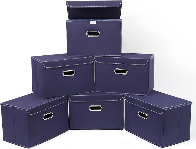 STOREONE Fabric Storage Cube Bins Foldable Organizer Container Collapsible Basket with Lids and Metal Handles, for Home, Bedroom, Closet 6 Pcs (Navy Blue) by STOREONE