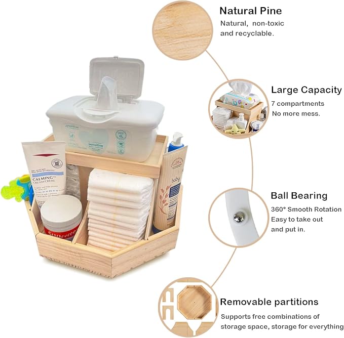 Wooden Diaper Caddy Organizer - 360 Degrees Rotating Caddy with Removable Dividers, Nursery Diaper Organizer - Image 2