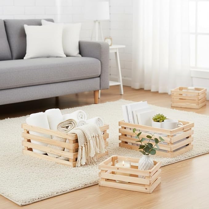 Set of 3 Nesting Wooden Storage Crates - Large Rustic Wooden Storage Crates for Display Wood Container Boxes Wood Baskets for Farmhouse Flower Stand Display Rack for Shops or Exhibitions Home Decor - Image 3