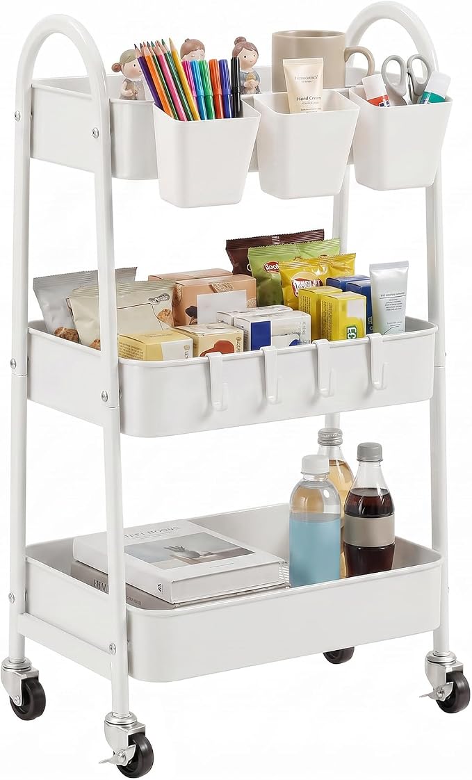 danpinera 3-Tier Rolling Cart, Utility Cart Mobile Metal Rolling Storage Cart with Lockable Wheels & Hanging Cups & Hooks for Kitchen, Bathroom, Office, Workshop, White by danpinera