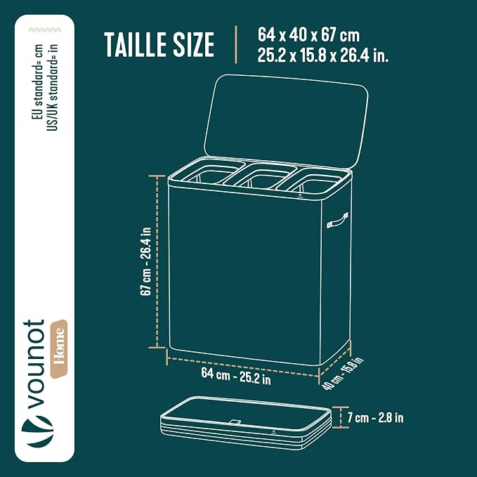 VOUNOT® 170L Laundry Basket with Lid, Rectangular 3 Compartment Laundry Hamper with Removable Bags & Handles, Foldable Laundry Bin for Bedroom, Bathroom, Utility Room, Beige - Image 3