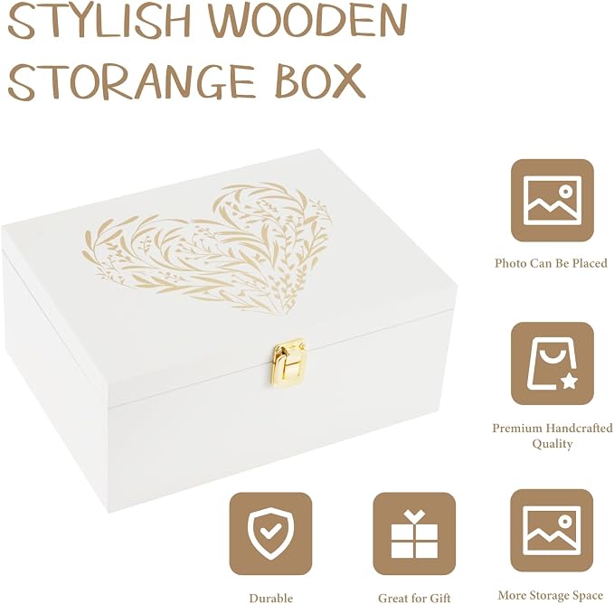 Larger Wooden Memory Keepsake Boxes With Hinged Lids and a photo frame inside the lid - Decorative Storage Box With a Hinge Lids For Picture Letter Time Capsule - 5.3“*8.6”*11.7“ off-white - Image 3