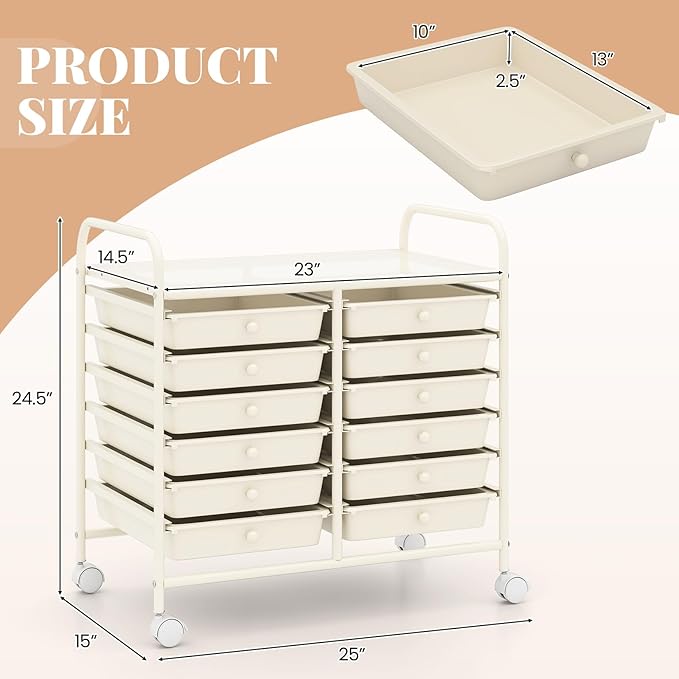 RELAX4LIFE 12-Drawer Rolling Storage Cart - Mobile Utility Cart on Wheels for School Classroom Teacher Office Salon, Paper File Art Supply Craft Organizer, Rolling Cart with Drawers (White) - Image 3