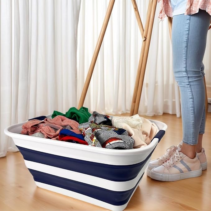 SAMMART Collapsible Plastic Laundry Basket with Handle/Foldable Pop Up Storage Hamper/Portable Laundry Organizer-Space Saving Washing Tub/Household Storage (White/Starry Blue, 42L) - Image 7