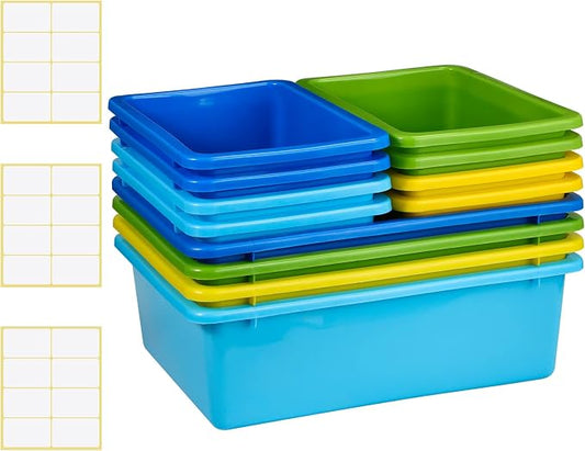 Zonon 12 Pcs Plastic Cubby Bins Office Storage Container Storage Bins Plastic Organization with 1 Pack Self Adhesive Label for Library Office Home Nursery(Cute Colors) by Zonon