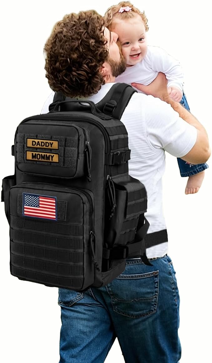SHARKMOUTH Dad Diaper Bag for Men - Military Baby Backpack with Patches for Hiking Travel Camping Trips - Baby Shower Gifts Black by SHARKMOUTH