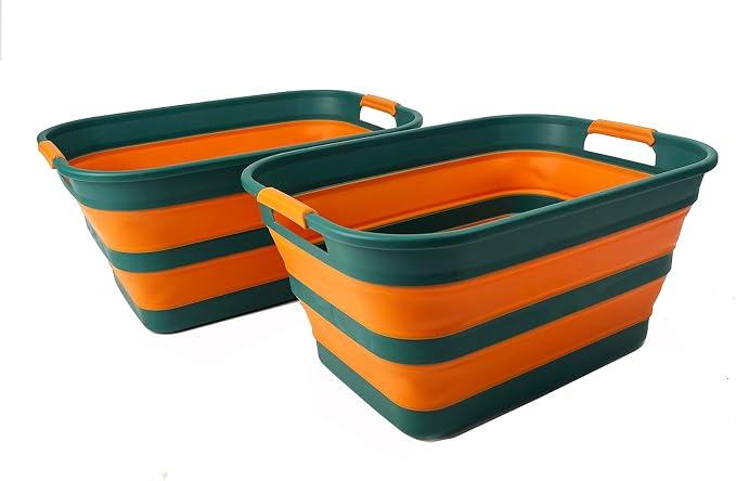 SAMMART Collapsible Plastic Laundry Basket with Handle/Foldable Pop Up Storage Hamper/Portable Laundry Organizer-Space Saving Washing Tub/Household Storage (Teal Green/Autumn leaf, 27L (Set of 2)) by SAMMART