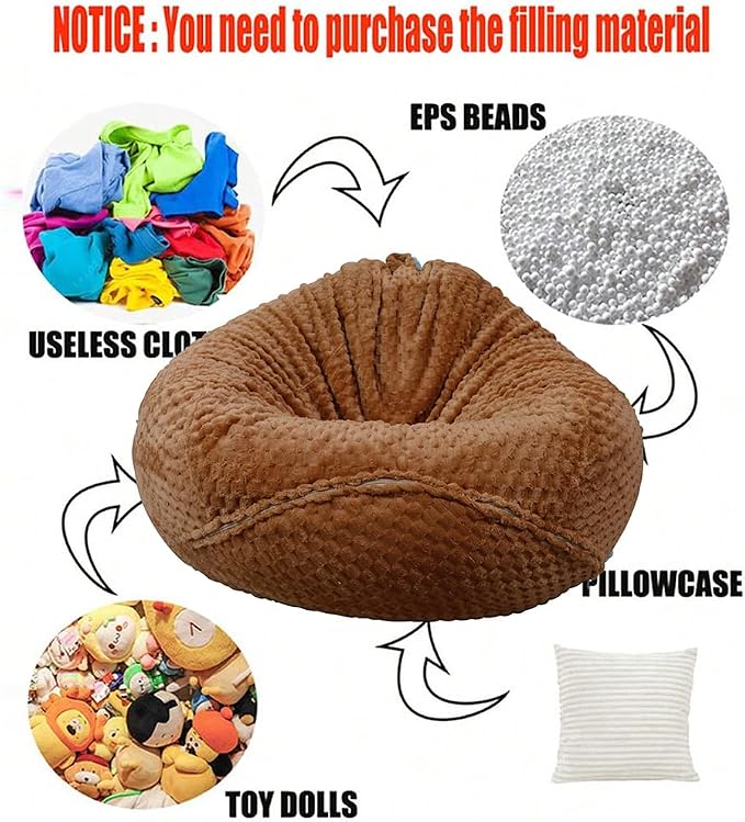 Soft Bean Bag Chair Cover No Filler Sofa Cover Storage Washable Bean Bag Cover Organizing Children Plush Toys for Living Room Bedroom (Coffee, 3 feet-39.3"*39.3"*23.6") - Image 5