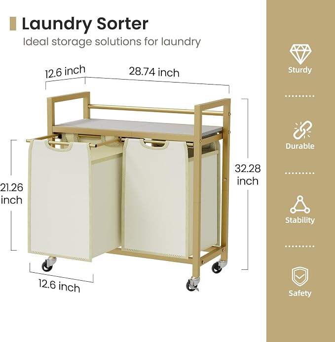 SwaaVee Laundry Sorter, Laundry Hamper with Wooden Top Shelf, 2×14.5Gal(110L), Metal Frame laundry basket with wheels, Pull out and Removable Laundry Bags, 2 Bags-Golden - Image 2
