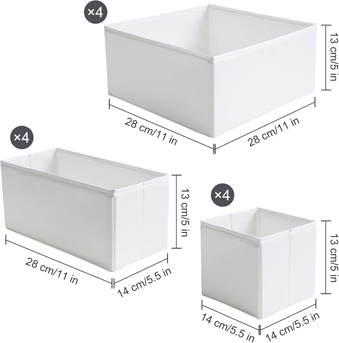 Drawer Organizers, Durable Fabric, Washable, with Base Support Boards, Small Storage Boxes for Bathroom, Closet, Dresser, Set of 12, White - Image 2