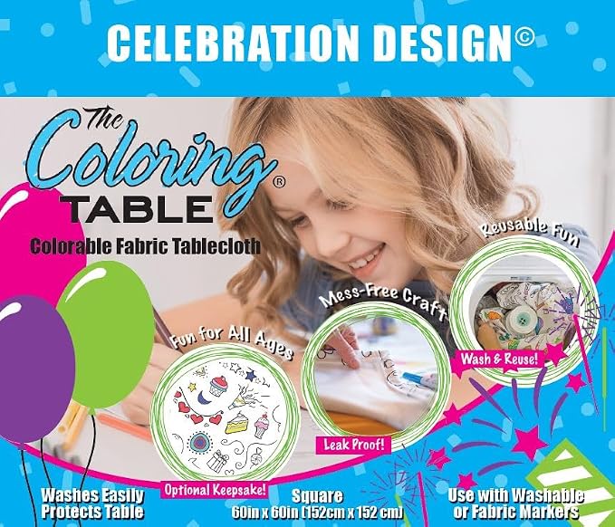 Birthday/Celebration Design – Square Tablecloth 60”X60” - Interactive Coloring Tablecloth for Kids – Poly/Cotton Fabric - Washable and Reusable – DIY Coloring Activity for Children and Adults - Image 2