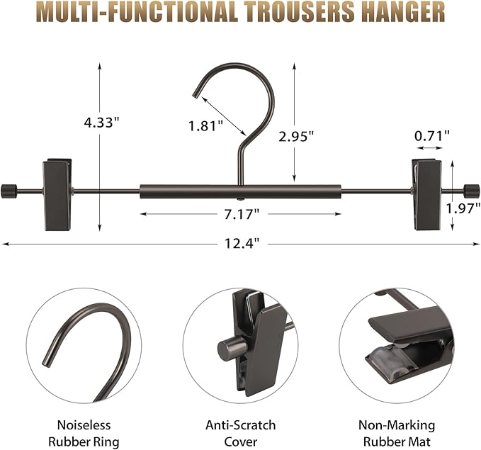 VWV 20 Pack Pants Hangers with Clips, 12.4 Inch Aluminum Skirt Hangers with 360° Swivel Hooks, Heavy Duty Space Saving Closet Hangers for Jeans, Slacks, Shorts (Matte Gunmetal) - Image 3