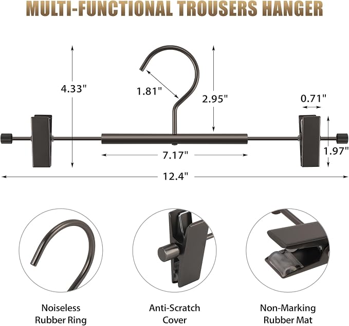 VWV 10 Pack Pants Hangers with Clips, 12.4 Inch Aluminum Skirt Hangers with 360° Swivel Hooks, Heavy Duty Space Saving Closet Hangers for Jeans, Slacks, Shorts (Matte Gunmetal) - Image 3