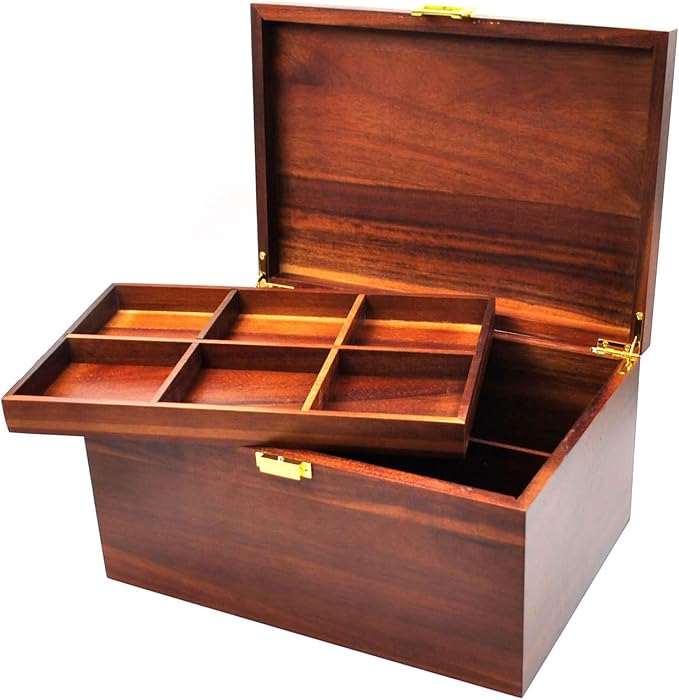 Large Wooden Storage Box with Hinged Lid, Acacia Wood Keepsake Chest | Vintage, 12" x 8.5" x 6.3", with Adjustable Tray, for Storing Souvenirs, Jewelry, Tools, Small Accessories, etc by Unknown