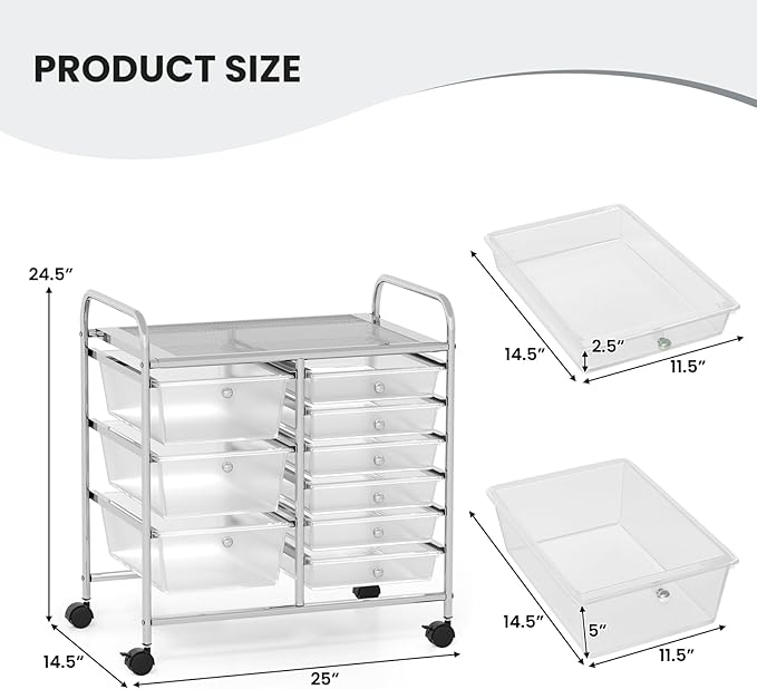 9 Drawer Rolling Storage Cart, Rolling Cart with Drawers for Classroom, Art Supply Craft Organizer on Wheel with Metal Frame & Handles for Home Office School - Image 3