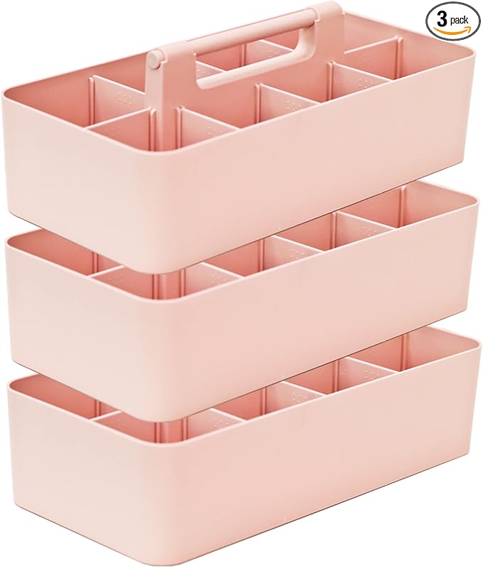 -Large Portable Caddy, DIY Dividers, 8 Compartments, School Office Supplies Home Organizer Basket with Handle Storage Organizer Made in USA (3 PACK, Indie Pink) by EnjoyOrganizer