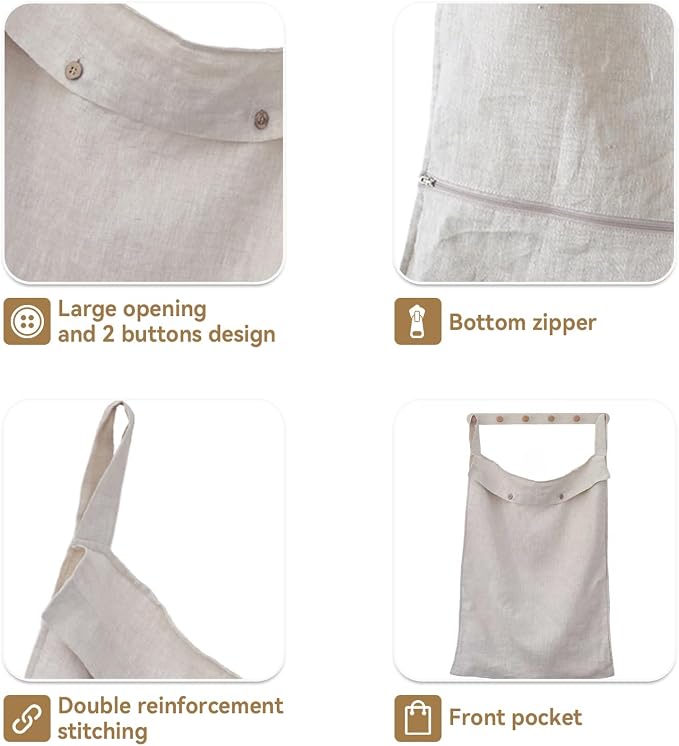 100% Linen Hanging Laundry Hamper Bag 22x36 Inch, Over the Door with 2 Buttons and Bottom Zipper Saving Space Wall Back organizers For Dirty Clothes Dorm Travel College Camp Sock big Capacity - Image 4
