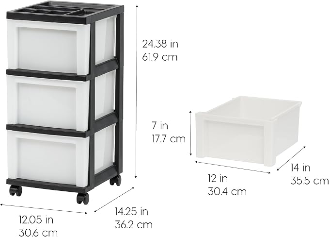 IRIS USA 3-Drawer Rolling Storage Cart, Black/Pearl | Keep classroom supplies, teacher essentials, craft materials, and learning tools organized with easy-access drawers. - Image 2