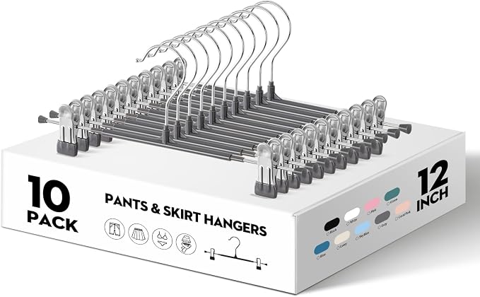 Pants Skirt Hangers with Clips, 10 Pack, Gray, 12 Inch | Non-Slip,Adjustable metal wide clips,Space-Saving,Heavy duty, for pants/skirt/dress/trousers/jeans/shorts/leggings,Women - Image 2
