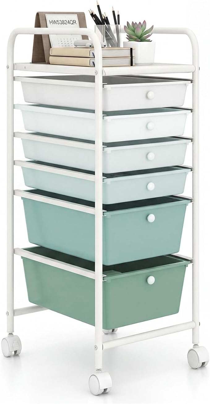 GOFLAME 6-Drawer Rolling Storage Cart, Multifunctional Art Craft Organizer Cart, Mobile Utility Storage Cart with Removable Drawers & Lockable Wheels, Craft Cart for Home Office, Green Gradient by GOFLAME