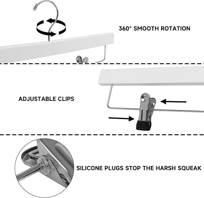 14" Wood Pants Hangers with Adjustable Non-Slip Clips, White, 12-Pack | Solid Wood Material, Bottom Hangers with 360° Swivel Hook, Space Saving Hangers for Skirts, Slacks, Trousers, Jeans - Image 3