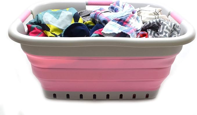 SAMMART 41L (10.8 gallon) Set of 2 Collapsible 3 Handled Plastic Laundry Basket-Foldable Pop Up Storage Container/Organizer-Space Saving Hamper/Basket (2, Grey/Pink) - Image 5