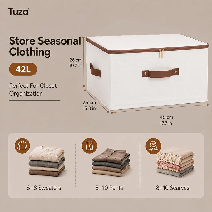 Tuza 3 Pcs Rigid Storage Bins with Zipper Lid, Cotton Linen Fabric Storage Boxes, Foldable Shelves Clothes Storage Cubes with Handles for Wardrobe, Closet(Beige, 42L) - Image 2